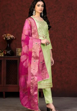 Hand Embroidered Chanderi Silk Pakistani Suit in Light Green