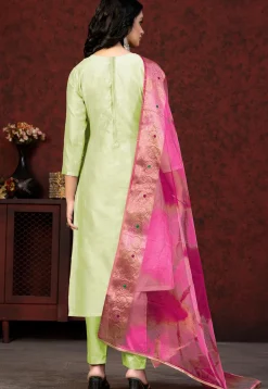 Hand Embroidered Chanderi Silk Pakistani Suit in Light Green