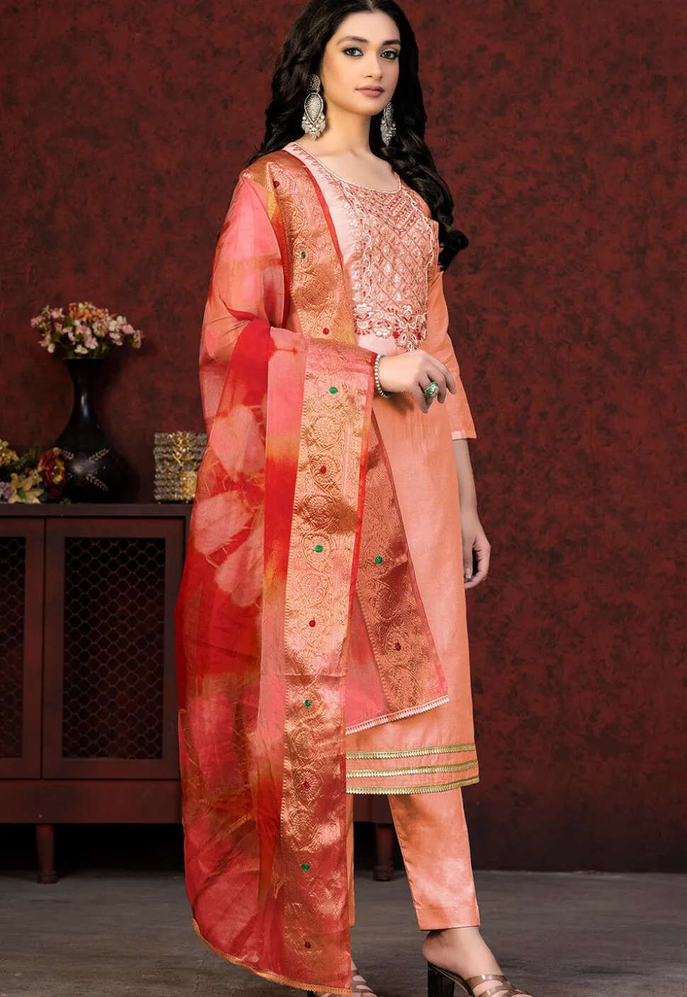 Hand Embroidered Chanderi Silk Pakistani Suit in Peach