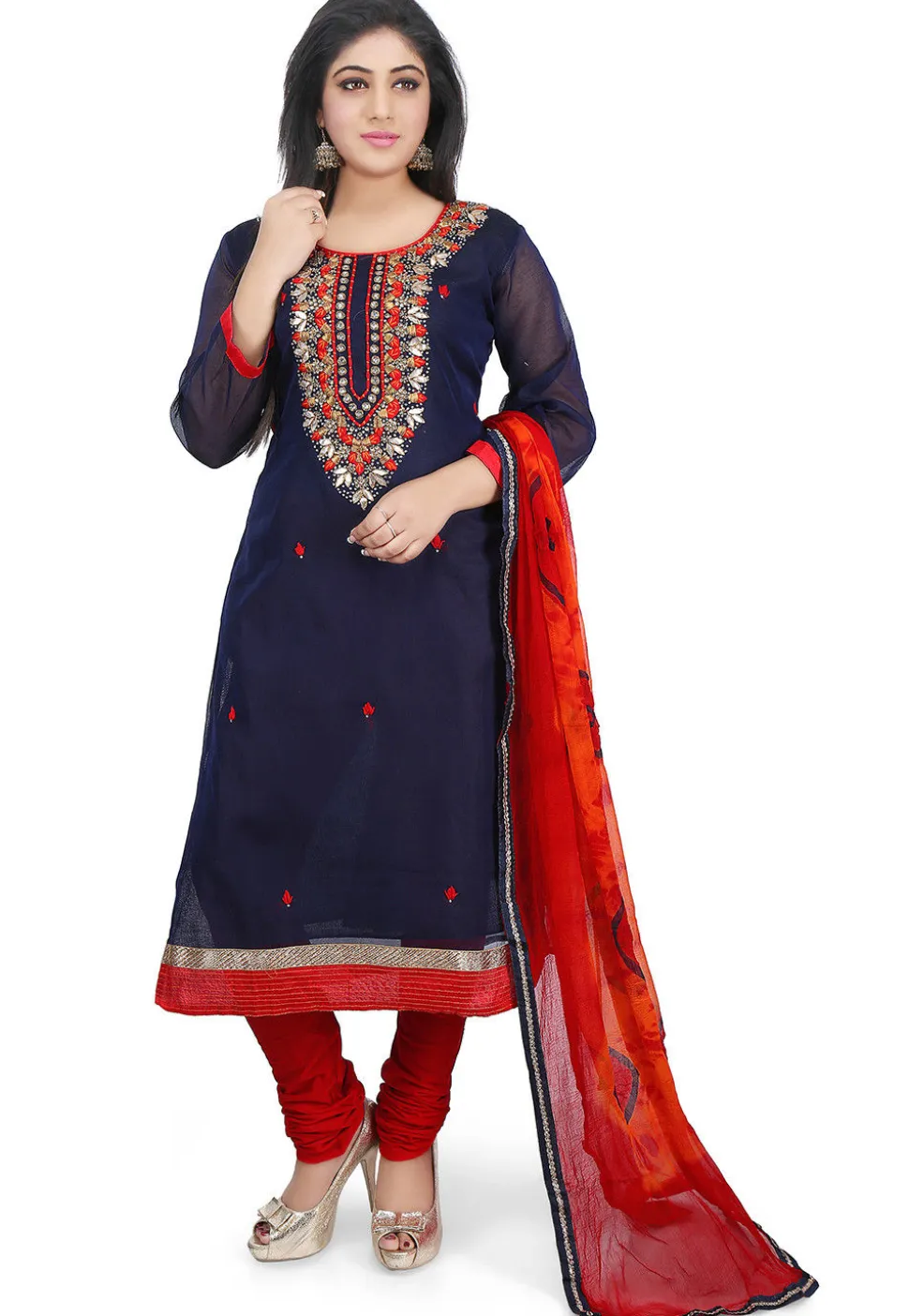 Hand Embroidered Chanderi Cotton Straight Suit in Dark Blue