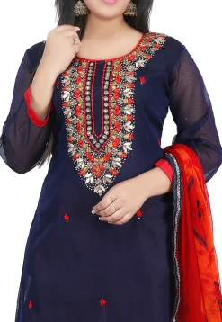Hand Embroidered Chanderi Cotton Straight Suit in Dark Blue