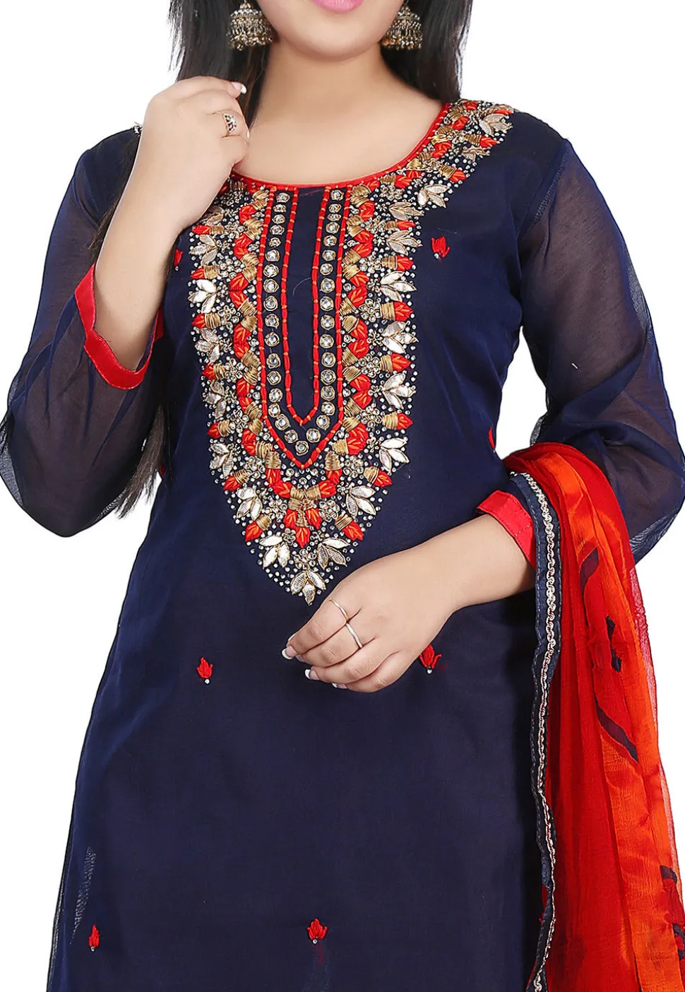 Hand Embroidered Chanderi Cotton Straight Suit in Dark Blue