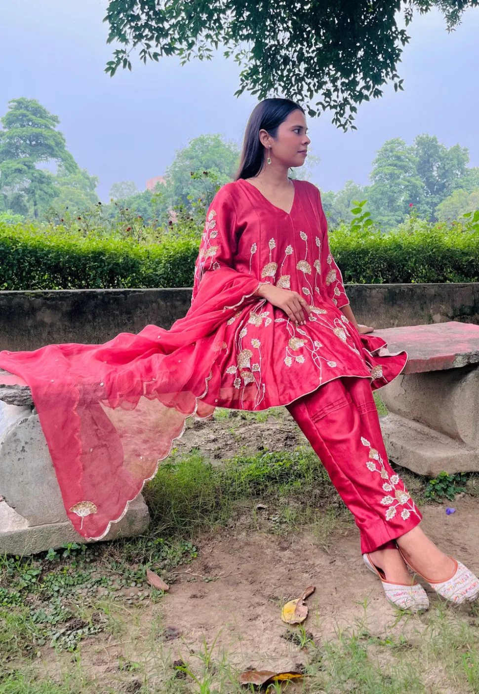 Hand Embroidered Chanderi Silk Anarkali Suit in Coral Pink