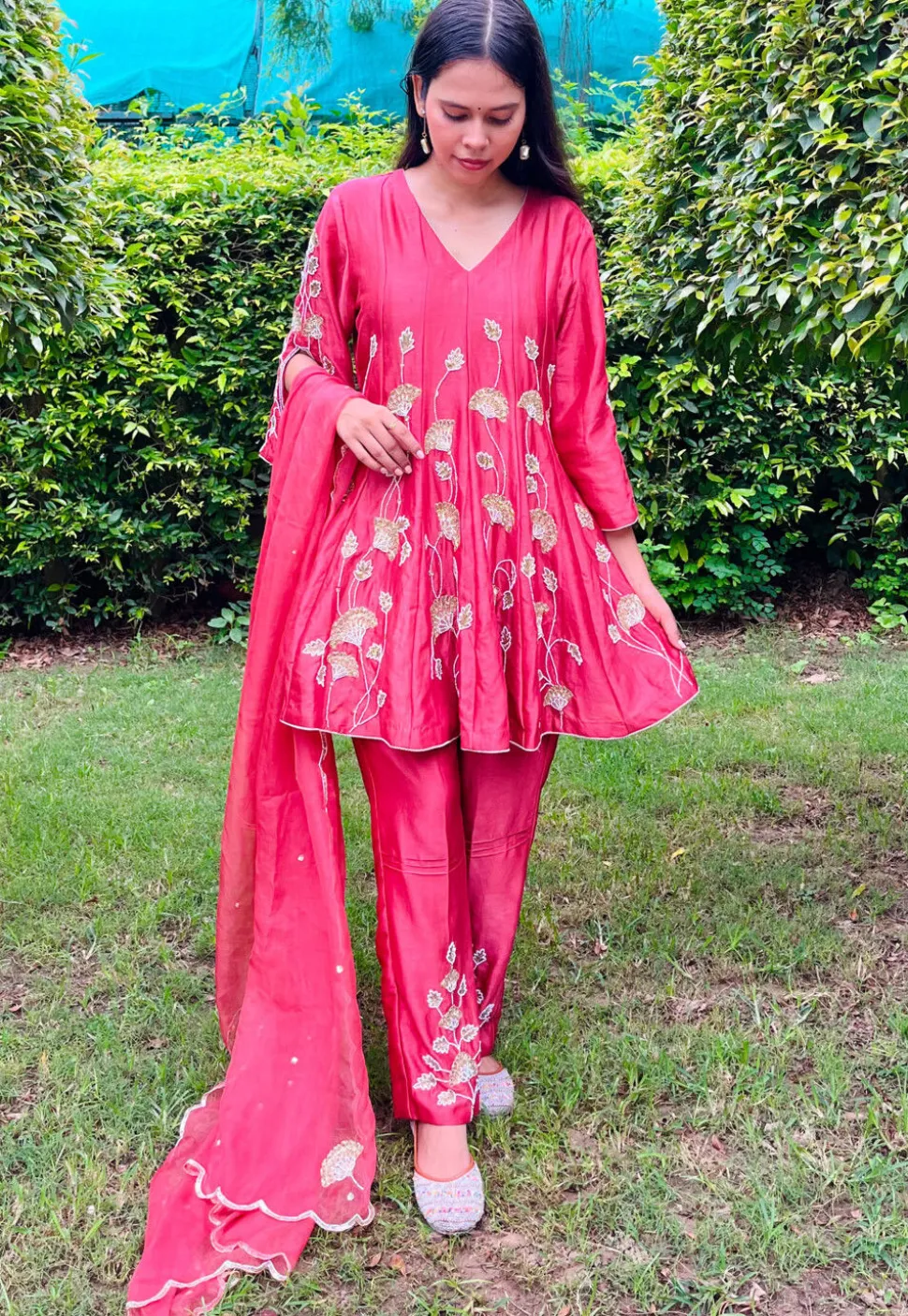 Hand Embroidered Chanderi Silk Anarkali Suit in Coral Pink