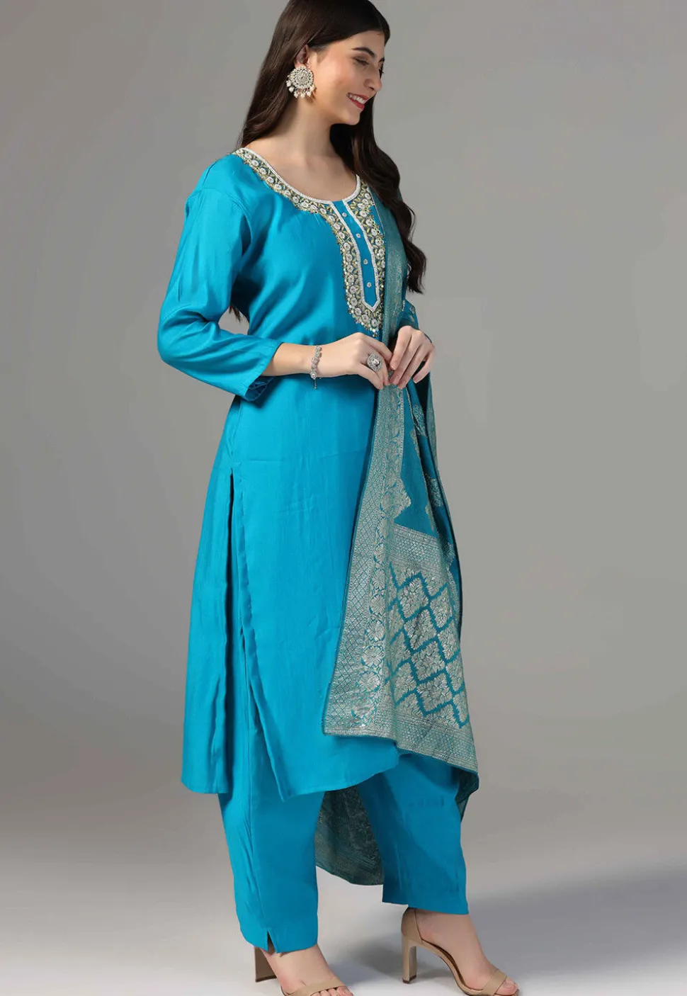 Hand Embroidered Chanderi Cotton Pakistani Suit in Blue