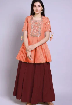 Hand Embroidered Chanderi Silk Peplum Style Kurti in Peach