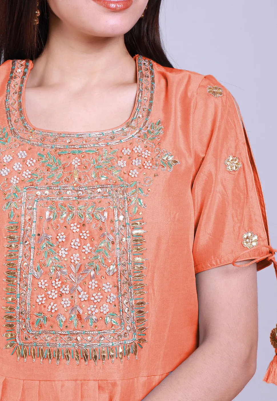Hand Embroidered Chanderi Silk Peplum Style Kurti in Peach