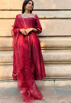 Hand Embroidered Chanderi Silk Anarkali Suit in Red
