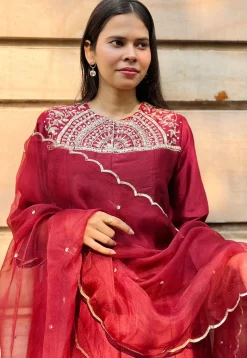 Hand Embroidered Chanderi Silk Anarkali Suit in Red