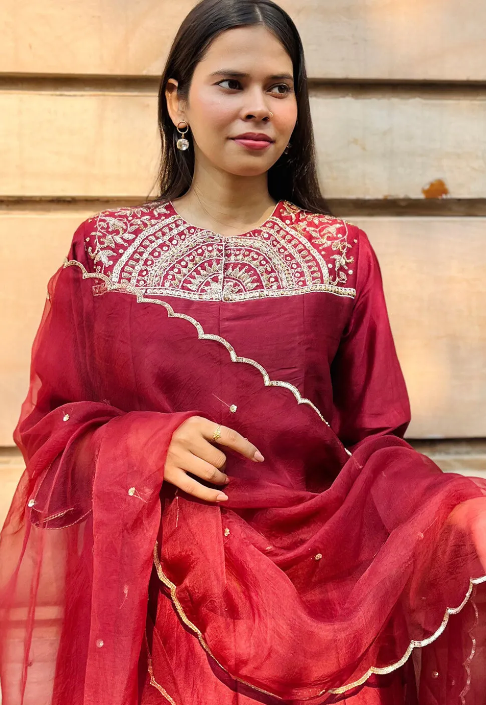 Hand Embroidered Chanderi Silk Anarkali Suit in Red