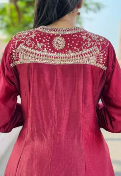 Hand Embroidered Chanderi Silk Anarkali Suit in Red