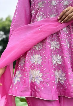 Hand Embroidered Chanderi Silk Anarkali Suit in Light Fuchsia