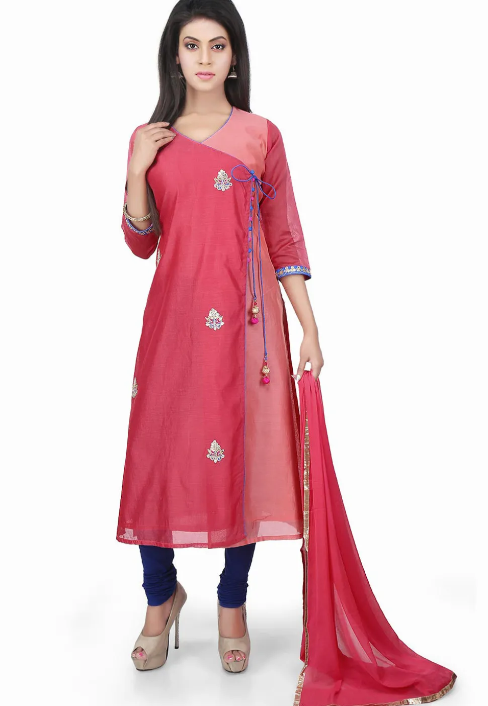 Hand Embroidered Chanderi Angrakha Style Suit Coral Pink