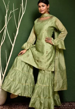 Hand Embroidered Chanderi Silk Pakistani Suit in Green