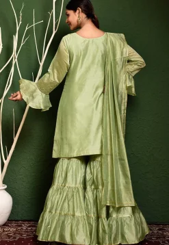 Hand Embroidered Chanderi Silk Pakistani Suit in Green