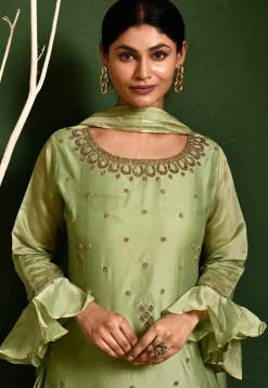 Hand Embroidered Chanderi Silk Pakistani Suit in Green