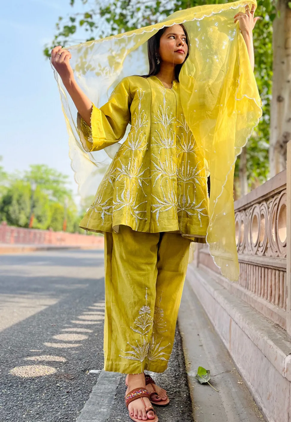 Hand Embroidered Chanderi Silk Anarkali Suit in Light Olive Green