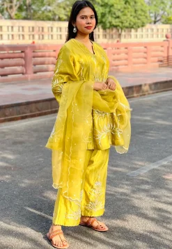 Hand Embroidered Chanderi Silk Anarkali Suit in Light Olive Green