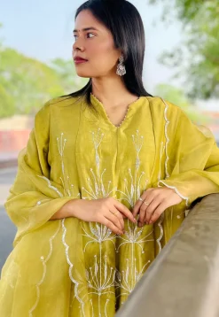 Hand Embroidered Chanderi Silk Anarkali Suit in Light Olive Green
