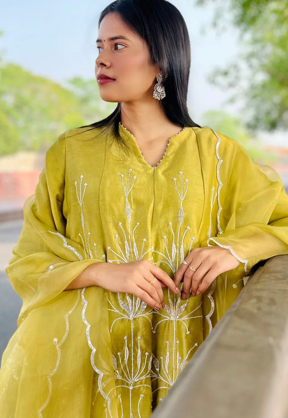 Hand Embroidered Chanderi Silk Anarkali Suit in Light Olive Green