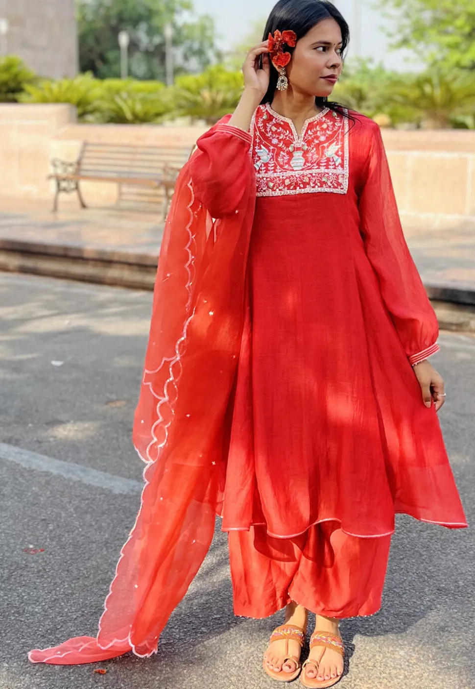 Hand Embroidered Chanderi Silk Pakistani Suit in Red