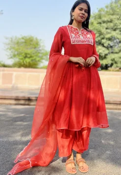 Hand Embroidered Chanderi Silk Pakistani Suit in Red