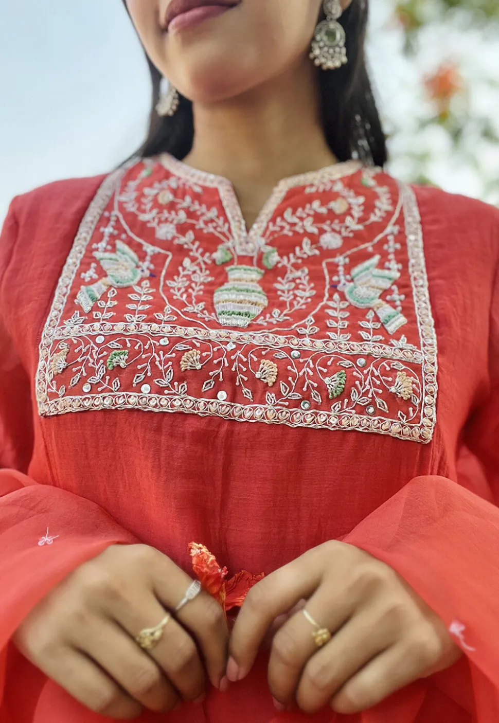 Hand Embroidered Chanderi Silk Pakistani Suit in Red
