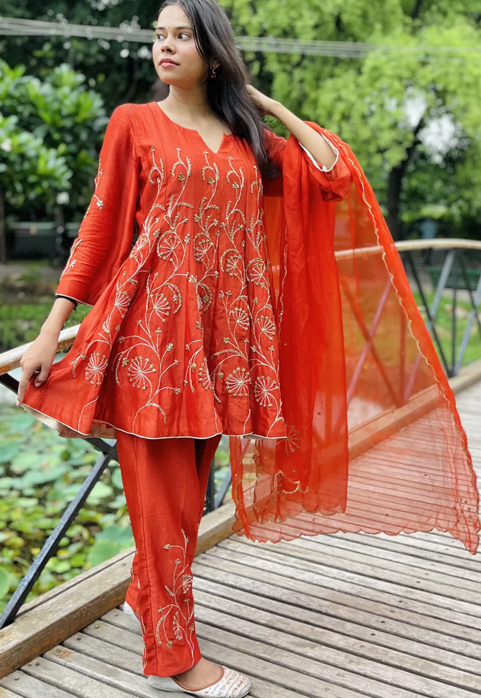 Hand Embroidered Chanderi Silk Anarkali Suit in Rust