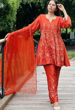 Hand Embroidered Chanderi Silk Anarkali Suit in Rust