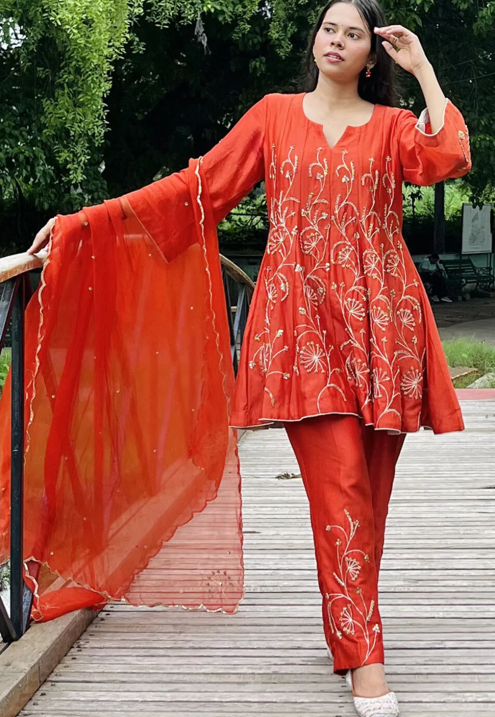 Hand Embroidered Chanderi Silk Anarkali Suit in Rust