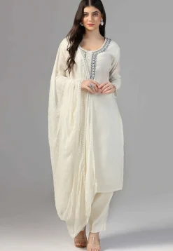 Hand Embroidered Chanderi Cotton Pakistani Suit in Cream