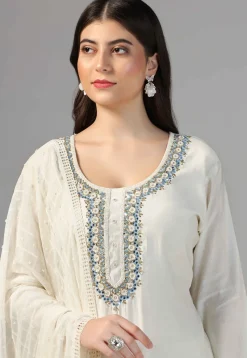 Hand Embroidered Chanderi Cotton Pakistani Suit in Cream