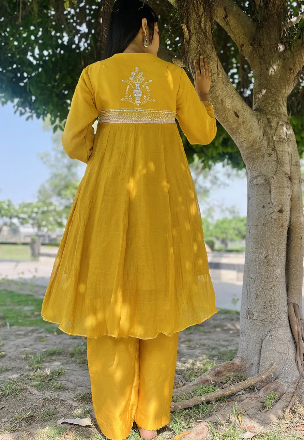 Hand Embroidered Chanderi Silk Pakistani Suit in Mustard