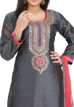 Hand Embroidered Chanderi Cotton Straight Suit in Dark Grey