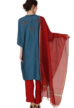 Hand Embroidered Chanderi Silk Pakistani Suit in Teal Blue