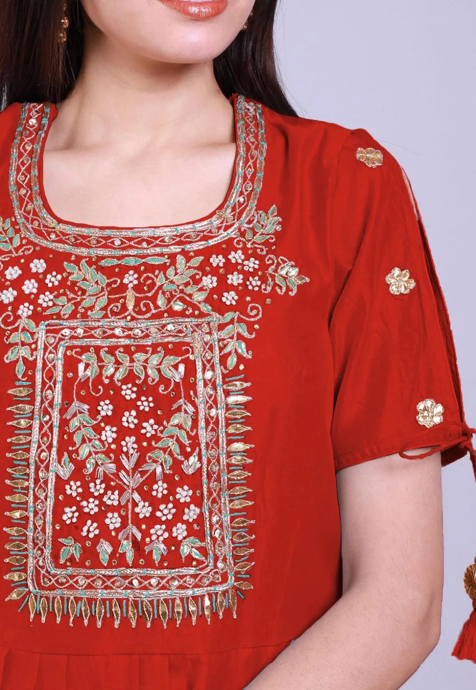 Hand Embroidered Chanderi Silk Lehenga in Red