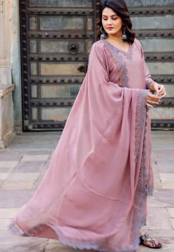 Hand Embroidered Chanderi Silk Pakistani Suit in Old Rose