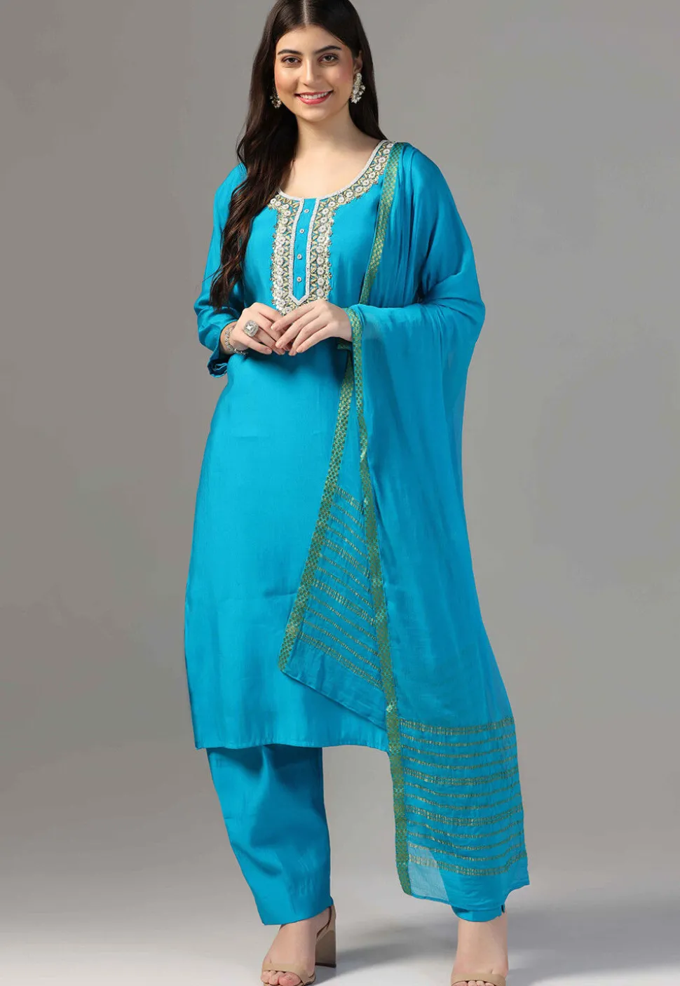 Hand Embroidered Chanderi Cotton Pakistani Suit in Blue