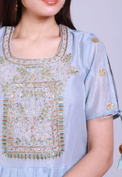 Hand Embroidered Chanderi Peplum Style Kurti Set in Pastel Blue