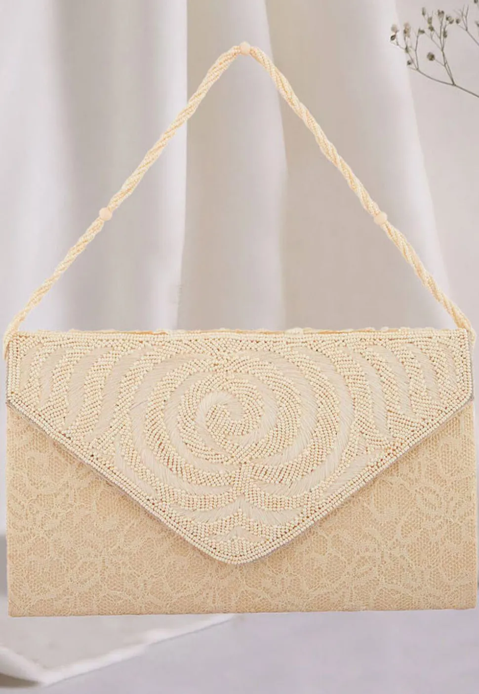 Hand Embroidered Chantelle Net Clutch Bag in Cream
