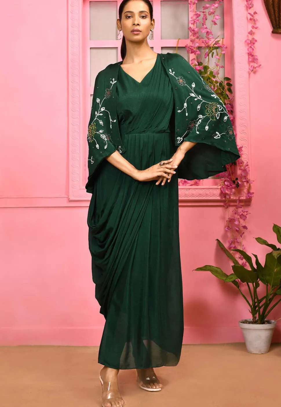 Hand Embroidered Chiffon Maxi Dress with Cape in Dark Green