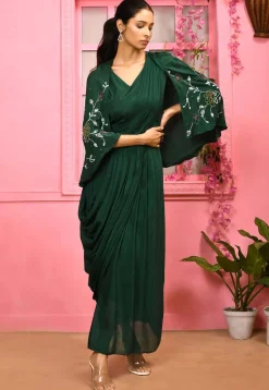 Hand Embroidered Chiffon Maxi Dress with Cape in Dark Green