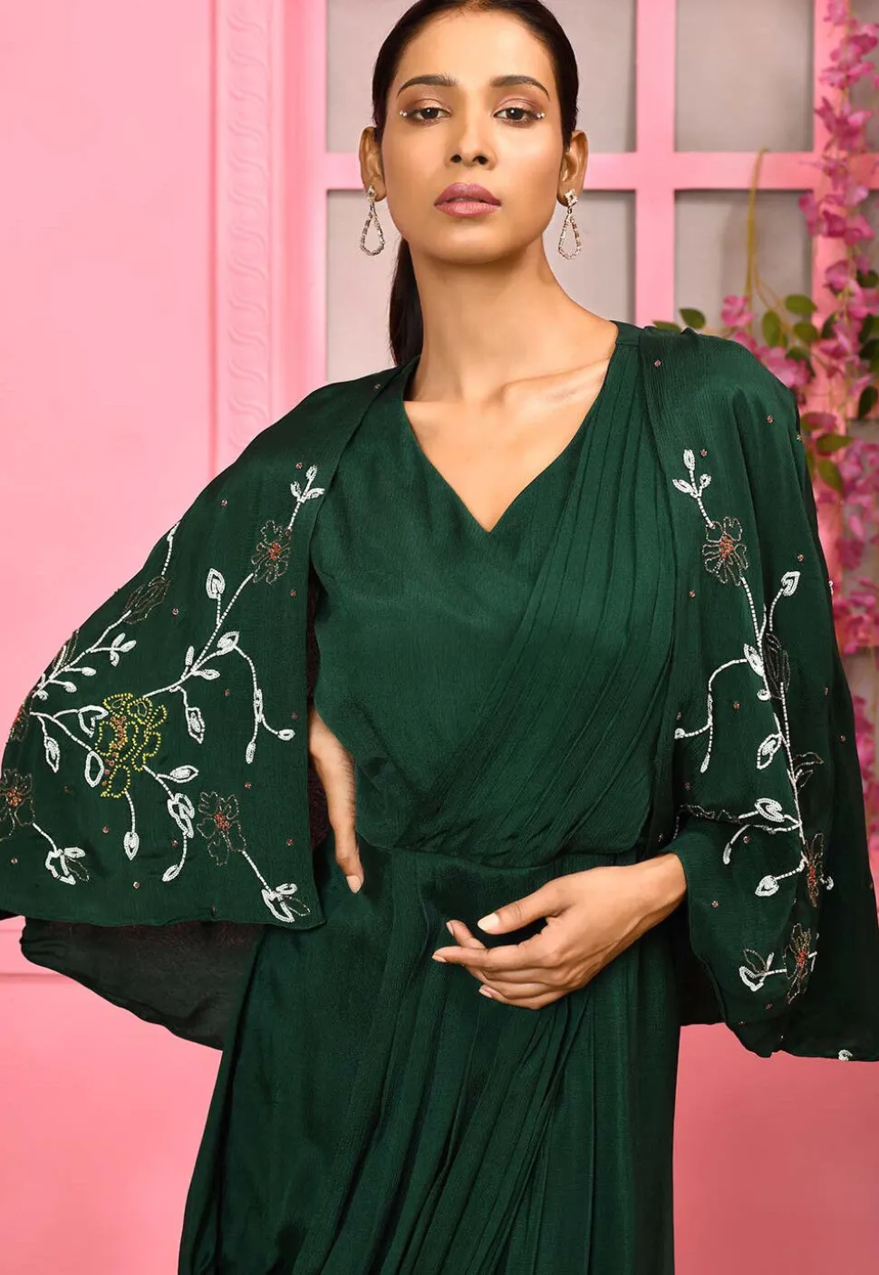 Hand Embroidered Chiffon Maxi Dress with Cape in Dark Green