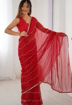 Hand Embroidered Chiffon Saree in Red