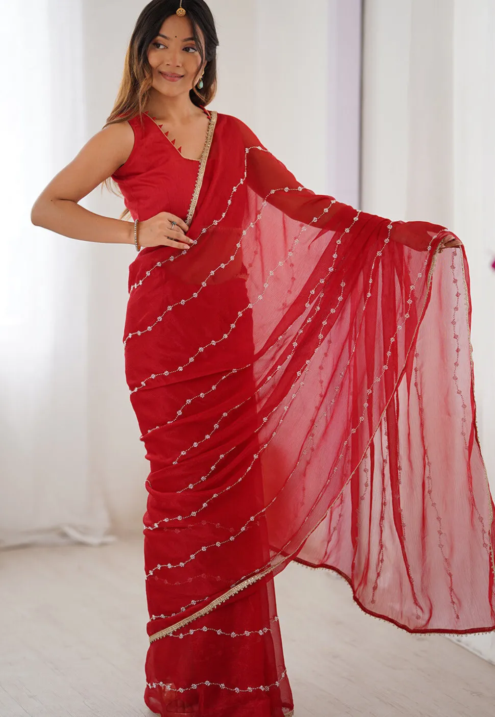 Hand Embroidered Chiffon Saree in Red