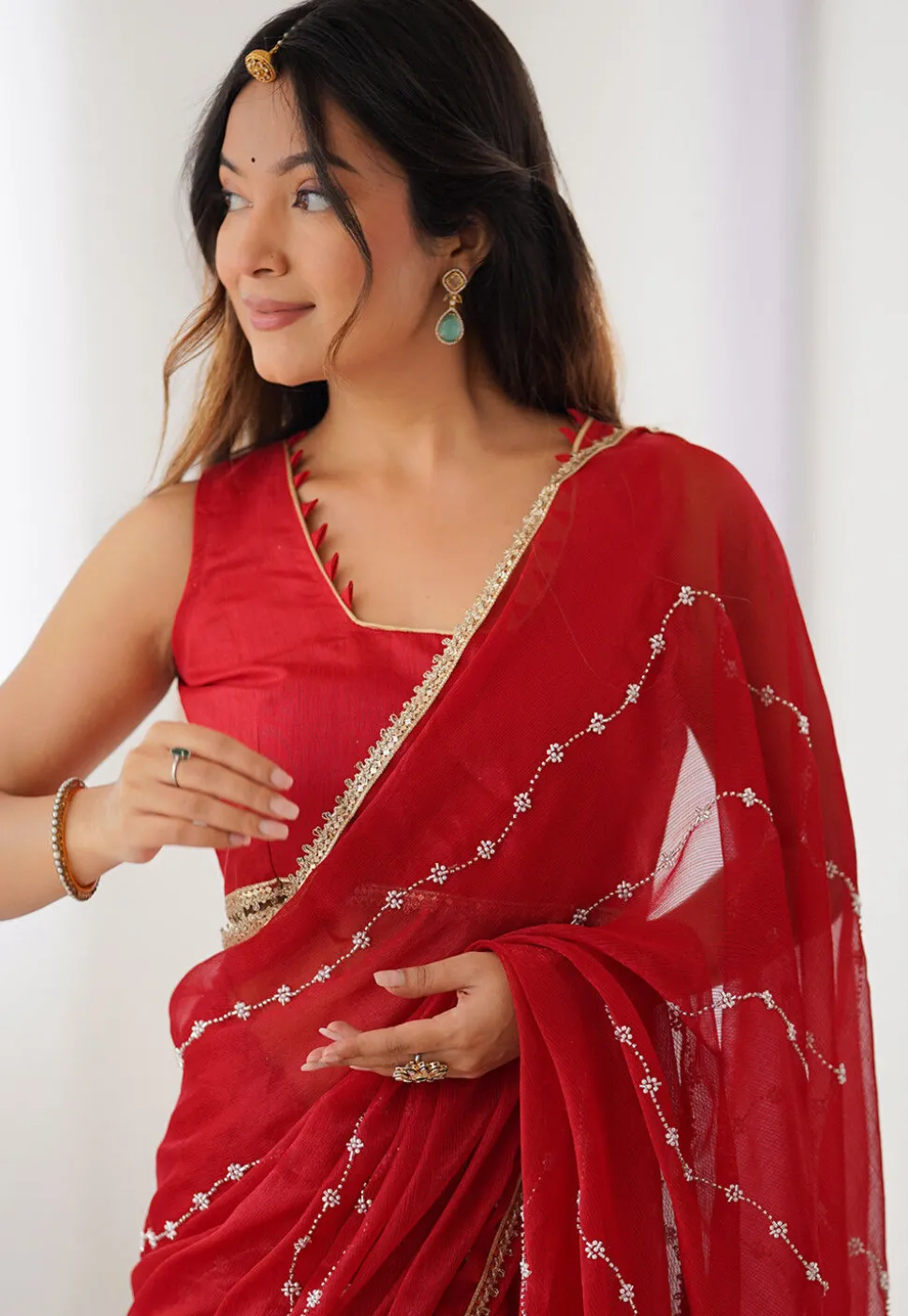 Hand Embroidered Chiffon Saree in Red