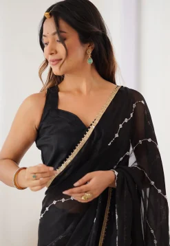 Hand Embroidered Chiffon Saree in Black