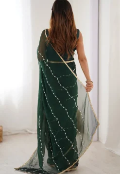 Hand Embroidered Chiffon Saree in Dark Green