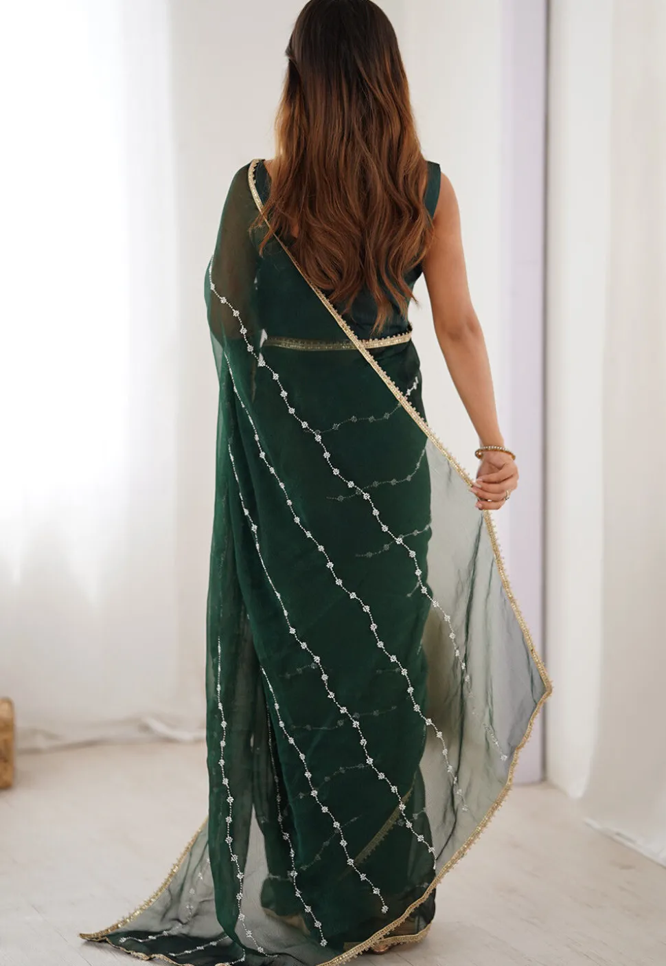 Hand Embroidered Chiffon Saree in Dark Green