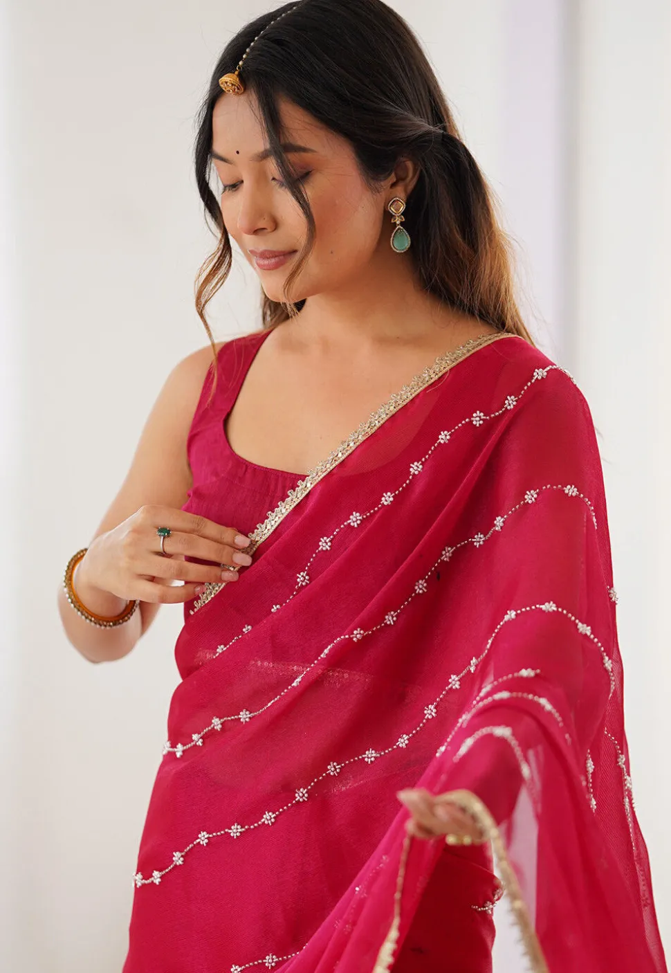 Hand Embroidered Chiffon Saree in Fuchsia